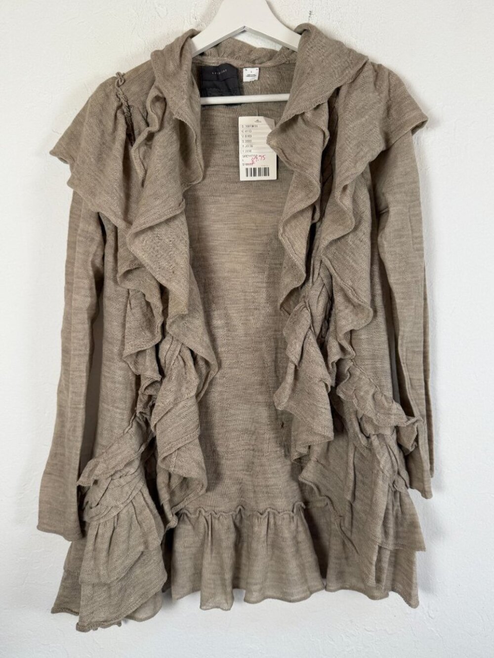 Guiniere Anthropologie Womens Gray Merino Wool Ruffle Waterfall Cardigan Large